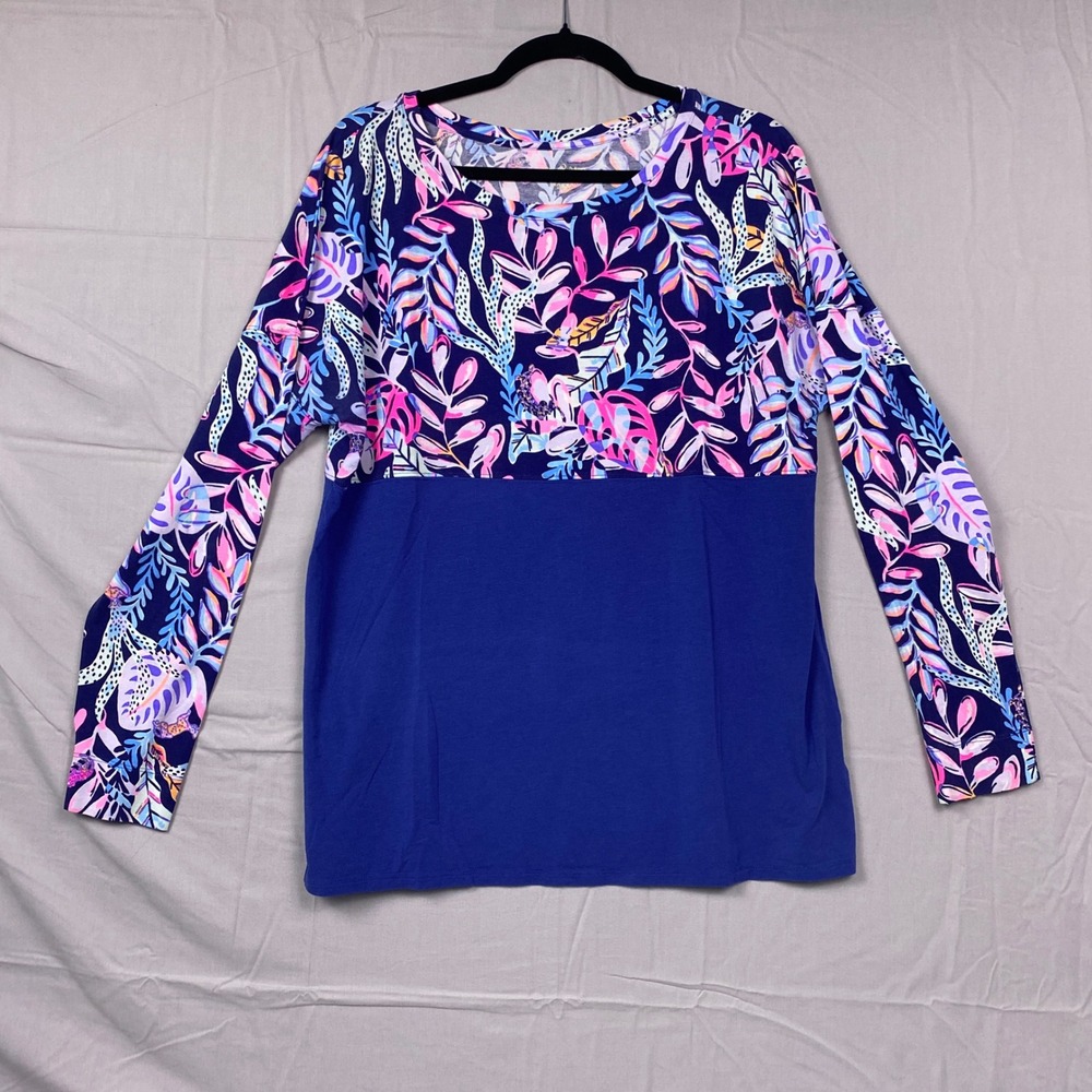 Lilly Pulitzer Etta Long Sleeve Top Women Large Blue Pima Cotton Modal Floral